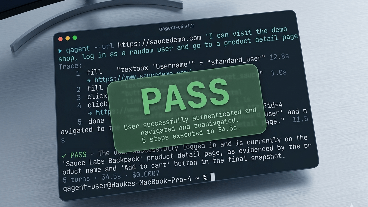 QAgent pass evidence for a Sauce Demo cart flow showing successful login, backpack added to cart, and cart badge verification.